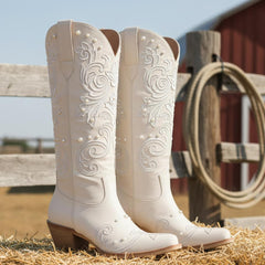 Tuhoomall Western Style Embroidered Chunky Heel Boots With Pearl Accents For Weddings, Parties, And Casual Wear