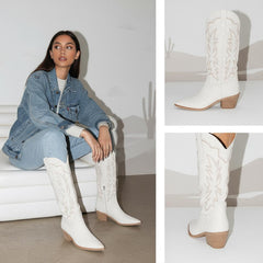 Tuhoomall Embroidered Western Chunky Heel Boots for Women - Pointed Toe, Zipper Closure, Mid-Calf Height, Stylish Vegan Leather, Perfect for All Seasons