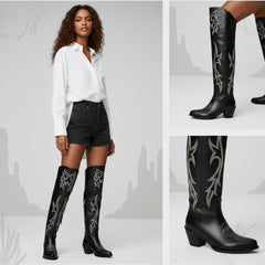 Tuhoomall Western Over-the-Knee Boots for Women, Chunky Heel, Snip-Toe, Embroidered, Slip-On, Distressed Style for Parties and Casual Outings