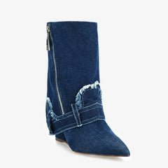 Tuhoomall Women's Short Denim Ankle Boots, Stylish Wedge Heel, Foldable Cuff, Perfect for Formal and Casual Events Tuhoomall