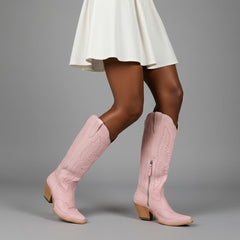 Tuhoomall Stylish Western Mid-Calf Boots for Women - Embroidered Vegan Leather, 2.76in Low Chunky Heel, Perfect for Year-Round Casual Wear