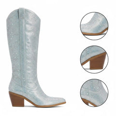 Tuhoomall Rhinestone Western Mid Calf Boots For Women - Chunky Heel & Easy Zip Closure, Stylish For Travel And Weddings Tuhoomall