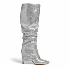 Tuhoomall Slouch Pointed-Toe Mid Calf Boots with Stiletto Heels for Fashion Performances - Sequin Finish, Slip-On Design, 4.33 in Heel Height