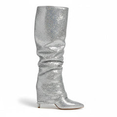 Tuhoomall Slouch Pointed-Toe Mid Calf Boots with Stiletto Heels for Fashion Performances - Sequin Finish, Slip-On Design, 4.33 in Heel Height Tuhoomall