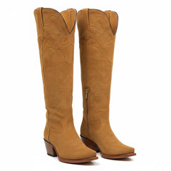 Tuhoomall Western Knee High Boots with Embroidered Design, 2.25 Inch Chunky Heel, Perfect for Fashion, Travel, Parties and Everyday Wear