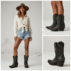 Tuhoomall Chunky Heel Western Short Ankle Boots for Women - Studded Design, Slip-On Comfort, Versatile for Travel and Weddings