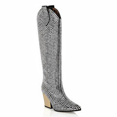 Tuhoomall Rhinestone Western Mid-Calf Boots for Women, Stylish 3.15 in Chunky Heel, Vegan Suede, Perfect for Parties and Performances