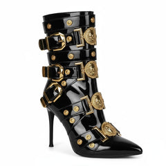 Tuhoomall Fashion Stiletto Mid Calf Boots With Pointed Toe And Zipper Closure, Multi-Strap Design Featuring Buckle And Hardware Accessories For Party And Street Wear Tuhoomall