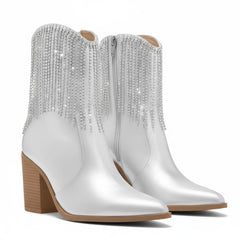 Tuhoomall Stylish Chunky Heel Ankle Boots with Rhinestone Tassels, Pointed Toe, Zipper Closure, Perfect for Parties and Travel