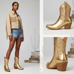 Tuhoomall Comfortable Western Ankle Boots for Fashion, Travel, and Leisure - Embroidered Genuine Leather, 5.5cm Chunky Heel, Slip-On Design