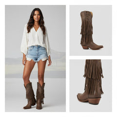 Tuhoomall Western Knee-High Cowboy Boots, Chunky Heel, Fringe & Studs, Retro Style, Casual Wear, All Seasons