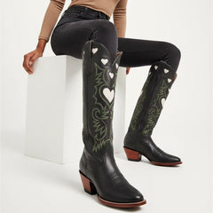 Tuhoomall Western Knee High Boots With Rubber Sole, 5cm Chunky Heel, Embroidered Sweet Pink Hearts For Casual Fashion All Year Round