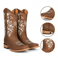 Tuhoomall Western Floral Embroidered Boots for Women - Slip-On, 3.5cm Chunky Heel, Square Toe, Outdoor Fashion, Versatile Everyday Wear