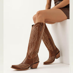 Tuhoomall Western Knee-High Cowgirl Boots with Chunky Heel and Floral Embroidery for Outdoor Fashion and Casual Wear