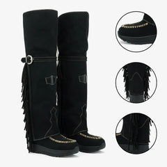 Tuhoomall Waterproof Over-The-Knee Flat Boots, Comfortable Thick Sole with Tassels, Stylish Bohemian Design for Casual Parties Tuhoomall