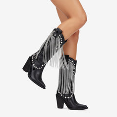 Tuhoomall Chunky Heel Western Rhinestone Booties with Fringes for Fashion Events, Pointed Toe, Slip-On Style, All-Day Comfort, Eye-Catching Design