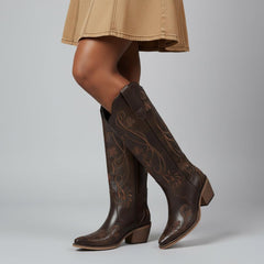 Tuhoomall Tuhoomall Western Knee-High Boots for Women, Floral Embroidered Design, Perfect for Parties, Office, and Casual Wear, 7.5 cm Classic Mid Chunky Heel