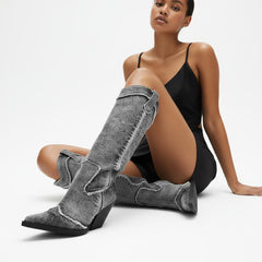 Tuhoomall Western Style Knee High Boots for Women, Retro Chunky Heels, Distressed Denim, Chic Pointed Toe, All-Season Slip-On Comfort