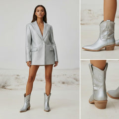 Tuhoomall Metallic Cowboy Ankle Boot with Chunky Block Heel, Pointed Toe, Embroidered Design for Casual Fashion Use, Vegan Leather, All Seasons