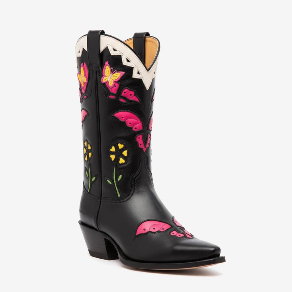Tuhoomall Western Floral Embroidered Mid-Calf Boots - Slip-On Design, 5cm Chunky Heel, Perfect for Parties and Casual Outings Tuhoomall