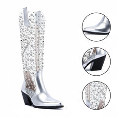 Tuhoomall Mid Calf Cowboy Boots with Rhinestones, Chunky Heel for Casual & Performance Style, Vegan Leather Zipper Closure, Comfortable & Durable Design
