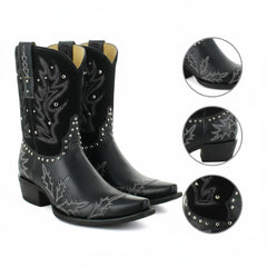 Tuhoomall Western Cowgirl Mid Calf Boots With Snip Toe, Chunky Heel, Embroidered Patchwork, Studded Design For Outdoor Fashion