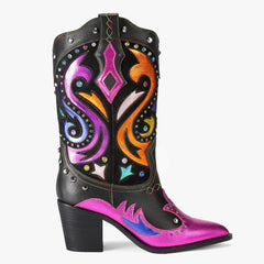Tuhoomall Western Cowboy Ankle Boots for Women, Stylish Short Booties with Rhinestones for Parties and Runway Performances