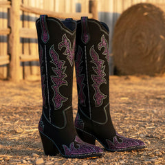 Tuhoomall Western Style High Heel Knee-High Boots with Floral Design and Rhinestones, Stylish Slip-On for Parties and Performances, 9cm Rubber Sole Tuhoomall