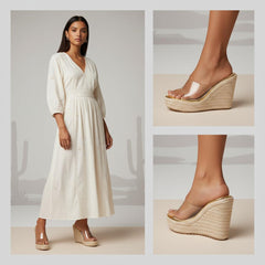 Tuhoomall Wedge Sandals For Women, Summer 10cm Heel, Slip-On Design, Fashionable Solid Color, Ethnic Style