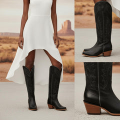 Tuhoomall Faux Suede Knee High Western Boots with Embroidered Eagles for Fashion, Travel, and Parties, 2.36 in Chunky Heel