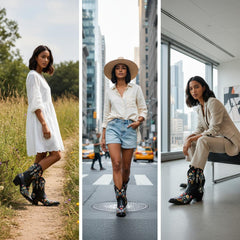 Tuhoomall Stylish Western Ankle Boots with Floral Embroidery, Rubber Sole, Chunky 5cm Heel for Classic and Casual Looks