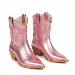 Tuhoomall Metallic Cowboy Ankle Boot with Chunky Block Heel, Pointed Toe, Embroidered Design for Casual Fashion Use, Vegan Leather, All Seasons