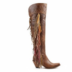 Tuhoomall Western Over Knee Boots with Fringe and Heart Pattern, Block Heel 2.76in, Zipper Closure, Faux Suede for Fashionable Boho Lifestyle