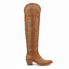 Tuhoomall Western Knee High Boots for Women, Floral Embroidery, Rubber Sole, Adjustable Buckle, Chunky Heel, All-Season Casual Wear