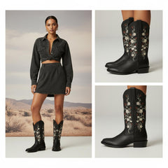 Tuhoomall Comfortable Western Boots for Women with Embroidery, Rubber Sole, Chunky 5cm Heel - Fashionable Casual Footwear for All Seasons
