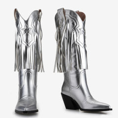 Tuhoomall Western Fringe Pointed Toe Calf Boots with Rubber Sole, Trendy Star Pattern, Perfect for Parties and Travel