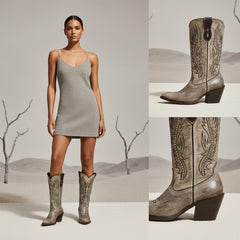 Tuhoomall Retro Studded Mid Calf Boots for Women, Pointed Toe Chunky Heel Slip-On Footwear, Stylish Casual Performance Design