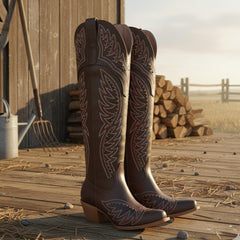 Tuhoomall Western Knee-High Boots with Chunky Heel, Embroidered Fringe Design, Stylish for Casual and Special Occasions, Durable Rubber Sole Tuhoomall