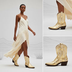 Tuhoomall Metallic Western Ankle Boots for Women - Stylish Slip-On Design with Embroidered Floral Pattern, Casual All-Season Footwear