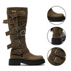 Tuhoomall Retro Chunky Knee-High Boots For Women, Comfortable Round Toe, Zipper Closure, Studded Design, Stylish Casual Footwear Tuhoomall