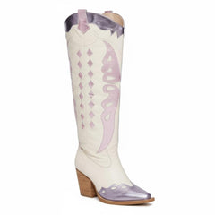 Tuhoomall Western Cowgirl Mid Calf Boots with Snip-Toe and Chunky Heel for Fashion Parties and Performances, Animal Pattern, Metallic Bright Surface