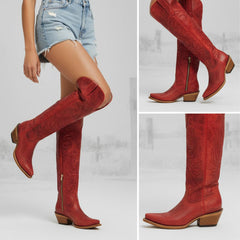 Tuhoomall Western Knee High Boots with Embroidered Design, 2.25 Inch Chunky Heel, Perfect for Fashion, Travel, Parties and Everyday Wear