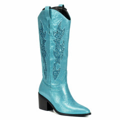 Tuhoomall Comfortable Western Boots with Sequins and Floral Design for Stylish Parties, Runway Shows, and Casual Outings - Knee-High Chunky Heel