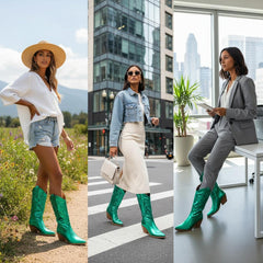 Tuhoomall Comfortable Western Boots for Women – 6cm Low Chunky Heel, Slip-On Design with Floral Embroidery - Fashionable All-Season Style