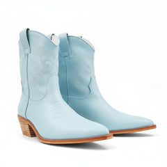 Tuhoomall Metallic Cowboy Ankle Boot with Chunky Block Heel, Pointed Toe, Embroidered Design for Casual Fashion Use, Vegan Leather, All Seasons