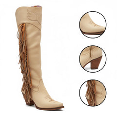 Tuhoomall Western Over Knee Boots with Fringe and Heart Pattern, Block Heel 2.76in, Zipper Closure, Faux Suede for Fashionable Boho Lifestyle