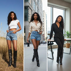 Tuhoomall Wrinkled Western Knee High Boots for Women with Pointed Toe, Sparkling Accents, Ideal for Fashionable Casual Outdoor Wear