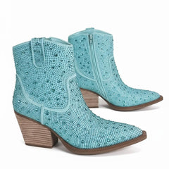 Tuhoomall Western Style Rhinestone Ankle Boots with Zipper Closure - Fashionable Suede Upper and Rubber Sole, Perfect for All Seasons