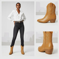 Tuhoomall Western Ankle Boots with Embroidered Pattern, 5cm Chunky Heel, Slip-On Design for Fashion and Travel, Durable Synthetic Fabric Lining