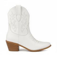 Tuhoomall Western Ankle Boots with Embroidered Pattern, 5cm Chunky Heel, Slip-On Design for Fashion and Travel, Durable Synthetic Fabric Lining